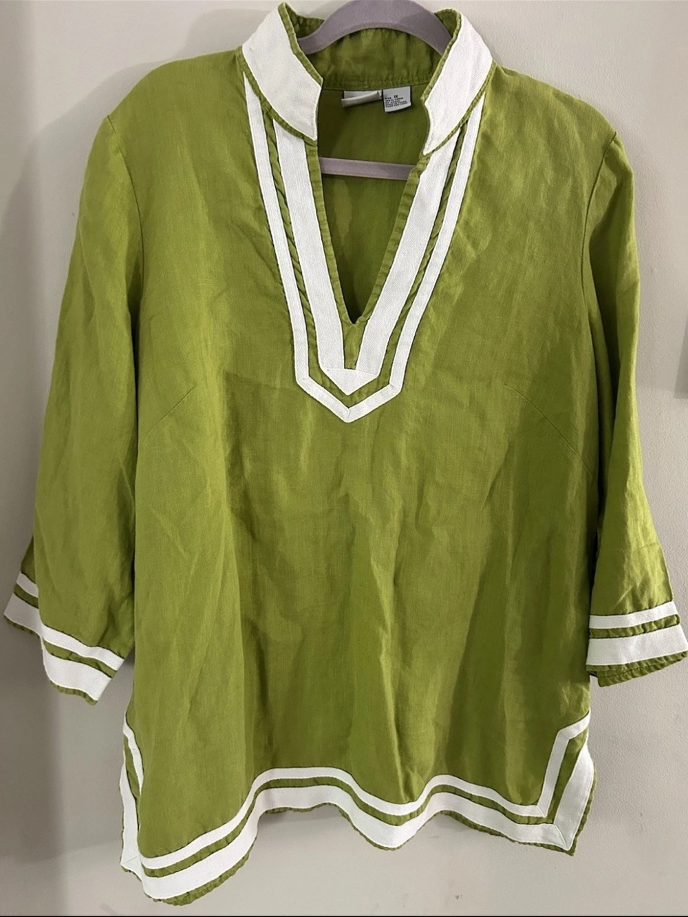Alexandra Bartlett Top Tunic Blouse Popover 1X Green 100% Linen 3/4 Sleeve Split - Picture 4 of 8